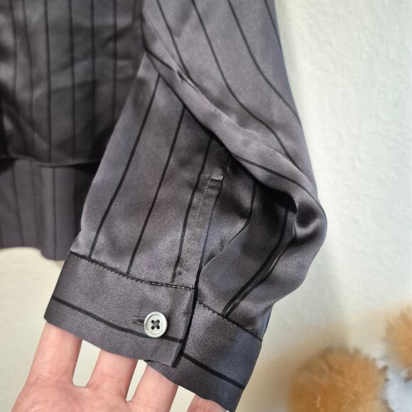ATM Grey Silk Striped Tuxedo Pajama Blouse Size L Designer WorkMenswearInspired - Picture 9 of 16